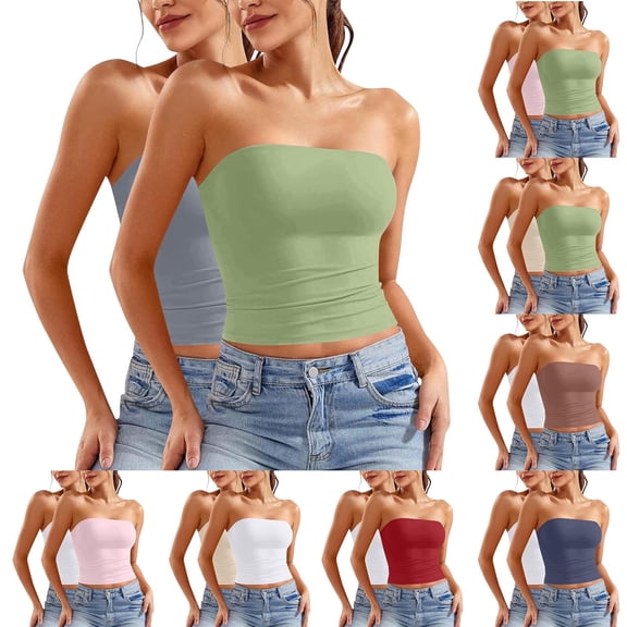 Lutiedan 2 Pack Tube Tops for Women Spring Summer Slim Fitted Strapless Crop Top Backless Going Out Beach Vacation Bandeau Top