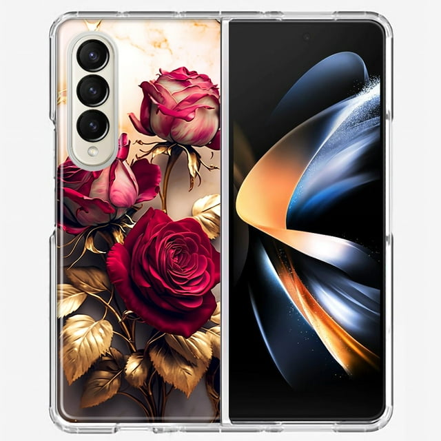 MUNDAZE Samsung Galaxy Z Fold 4 Romantic Elegant Gold Marble Red Roses Double Layer Phone Case Cover