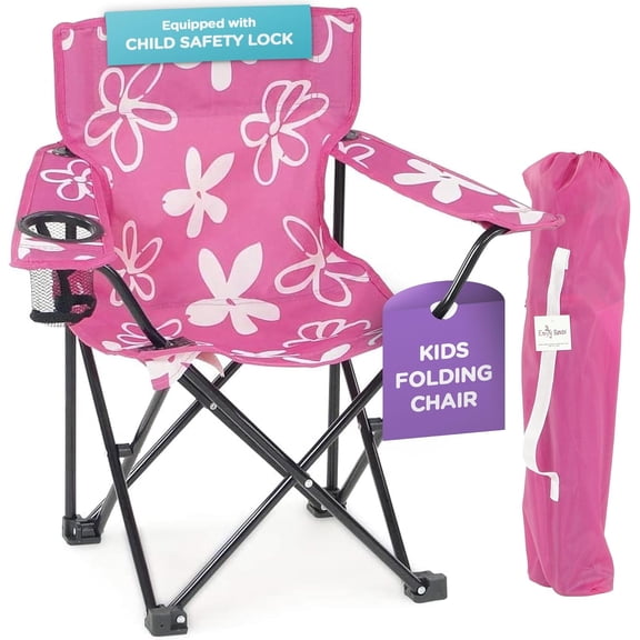 Emily Rose Kids Folding Chair | Pink Kids Beach Camping Chair for Girls with Safety Lock, Cup Holder & Carry Case- Toddler Chair for Tailgate, Travel, Lawn- for Indoor & Outdoor