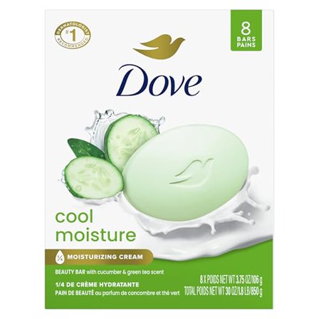 Dove Beauty Bar Soap Cool Moisture Cucumber & Green Tea Scent, 8 Bars for Refreshed Skin, Leaves Skin Refreshed 3.75 oz