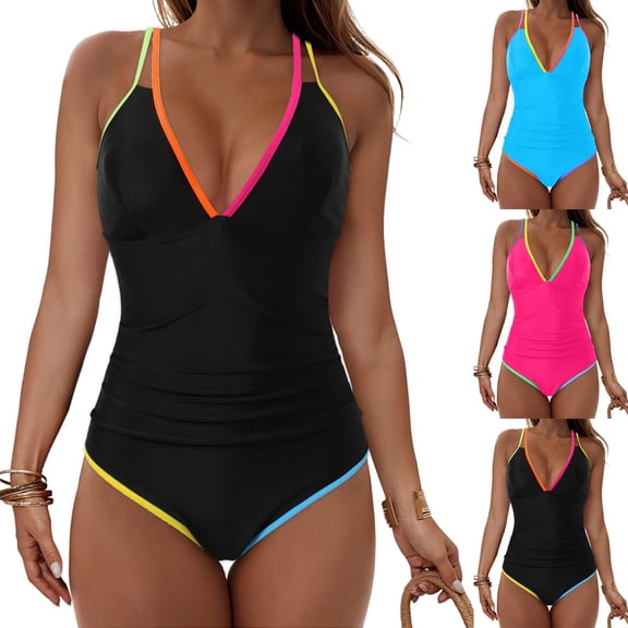 COMVALUE One Piece Swimsuits Women 2026 Tummy Control - Modest Bathing Suit Shapewear Swimwear Retro Neon Swim Suit (Black, L)