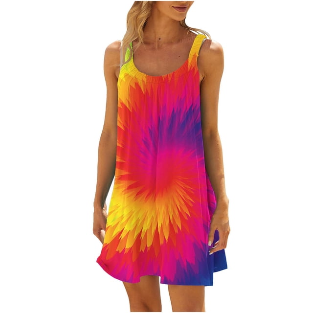 KIHOUT Robes d'Été pour Femmes 2024, Robe de Plage Sans Manches à Col Rond Dégradé Teinture sur Nœuds Multicolore P