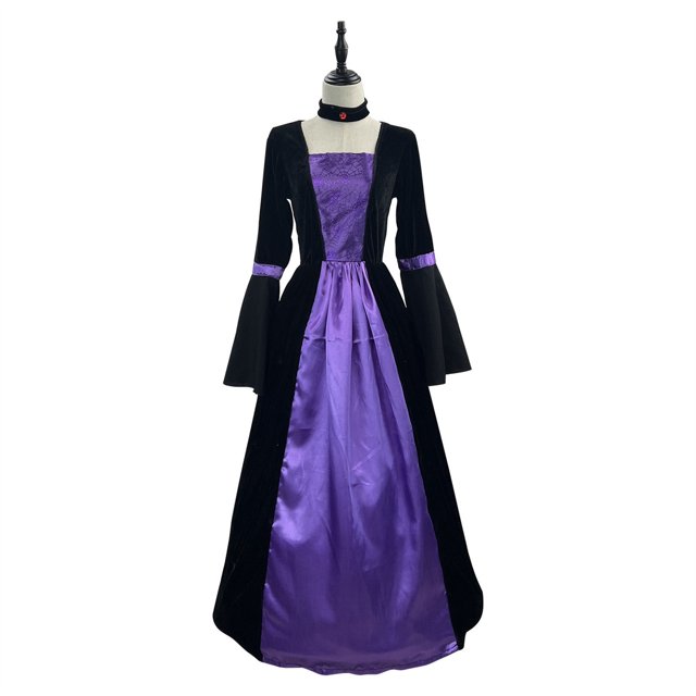 Mrat Costume de Sorcière pour Femmes 2024 Halloween Cosplay Tuniques Robes Coupe Ajustée à Manches Longues à Blocs de Couleur Plissées Robe Longue P-221 Violet TG