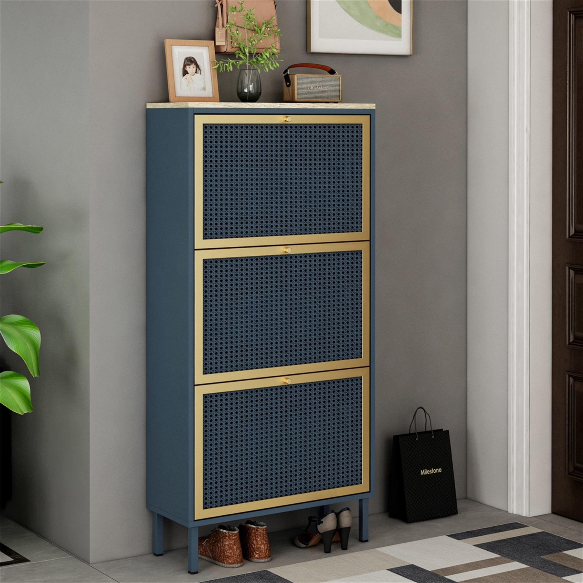 YYAo Shoe Rack Storage Cabinets, 3-Tier Metal Rattan Door Shoe Rack for Living Room Bathroom, Blue&Gray YYAo Shoe Rack Storage Cabinets, 3-Tier Metal Rattan Door Shoe Rack for Living Room Bathroom, Blue&Gray