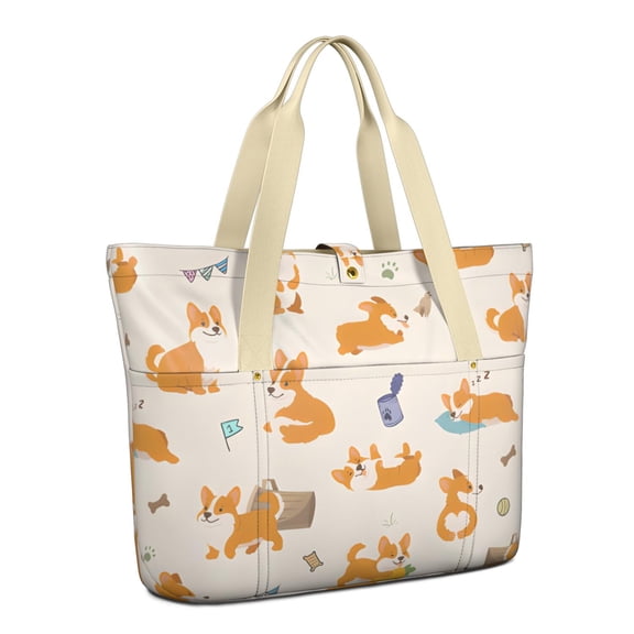 Tote Bag for Women - Cartoon Corgi Shoulder Bag - Large Utility Work Duffle Bag with Zipper Handbag for Travel, Work, Sprots
