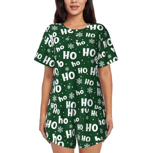 Balery Ho Ho Ho A Conjunto de Pijama para Mujer con Estampado, Dos Piezas de Manga Corta y Shorts, Ropa de Dormir Suave con Cuello Redondo y Bolsillos-Small