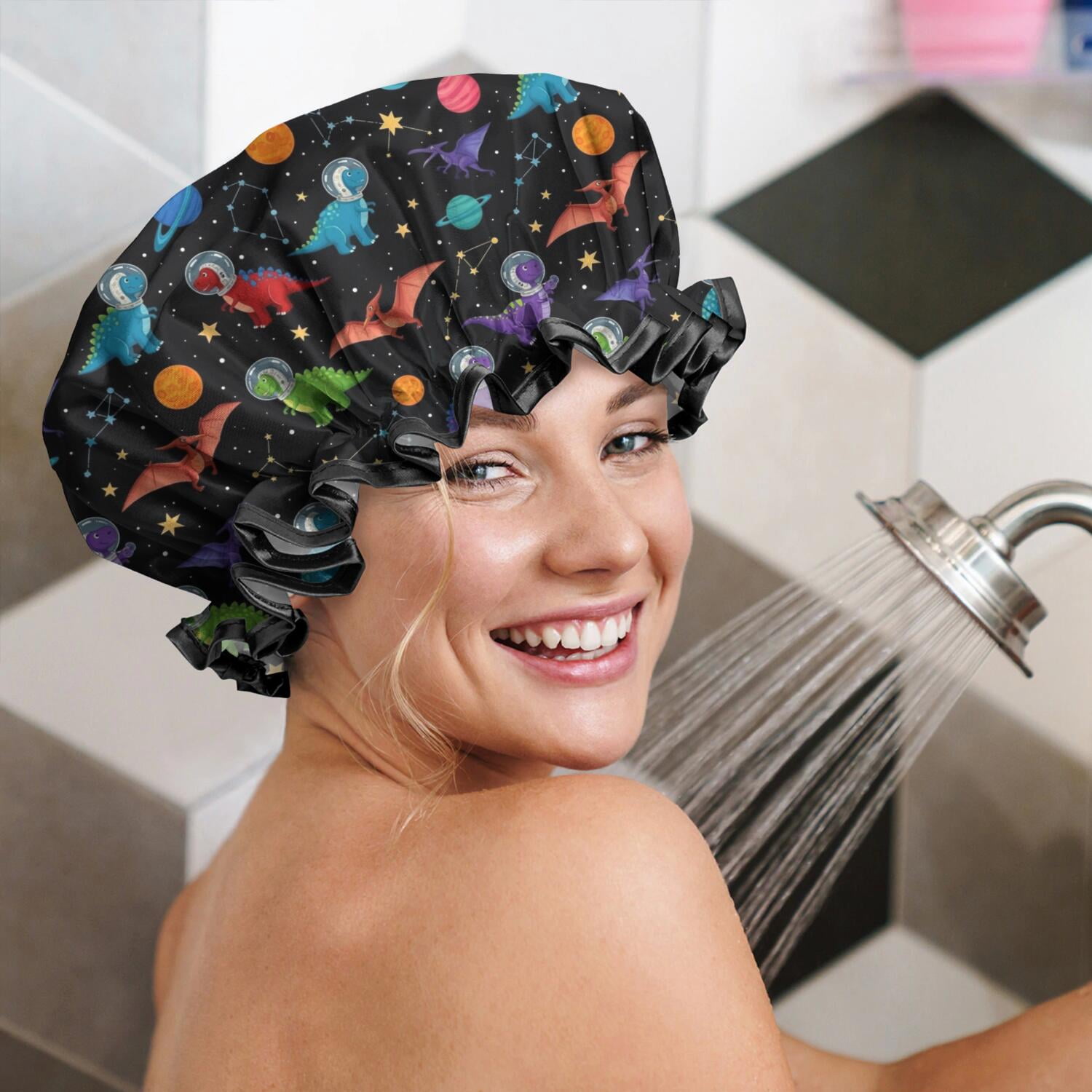 Shower Caps,Black Cartoon Space Dinosaurs Pattern Waterproof Shower Cap for Women 4 Pieces,Double Reusable Hair Cover for Shower PEVA Elastic Stretch Hem