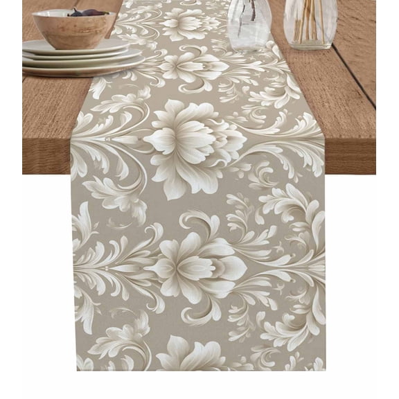 ERUNPONLY Light Brown Flowers Table Runner - 90 Inch Long Rustic Boho Ethnic Middle Century Cotton and Linen Blended Dress Scarves Farmhouse Table Runner for Kitchen Dining, Coffee Table, 13"x90"