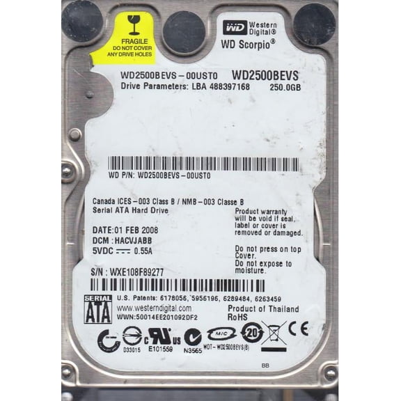WD2500BEVS-00UST0, DCM HACVJABB, Western Digital 250GB SATA 2.5 Hard Drive
