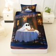 thumbnail image 3 of Feelyou Cute Ghost Pizza Twin Sheets, Cartoon Night Street Scene Bedding, Blue Cream, 3pcs, 1 Flat Sheet, 1 Fitted Sheet and 1 Pillowcase, 3 of 5