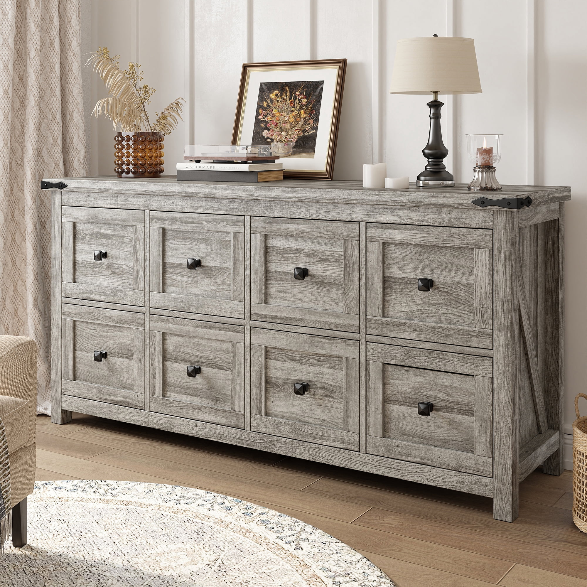 EnHomee Dresser for Bedroom Wooden Dresser with 8 Drawers Farmhouse Dresser TV Stand，Gray