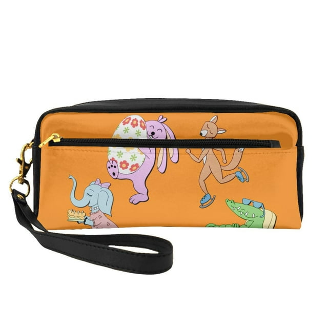 Leather Portable Travel Small Makeup Bag, Multifunctional Storage Bag, Orange Fun Animal Party Pencil Case