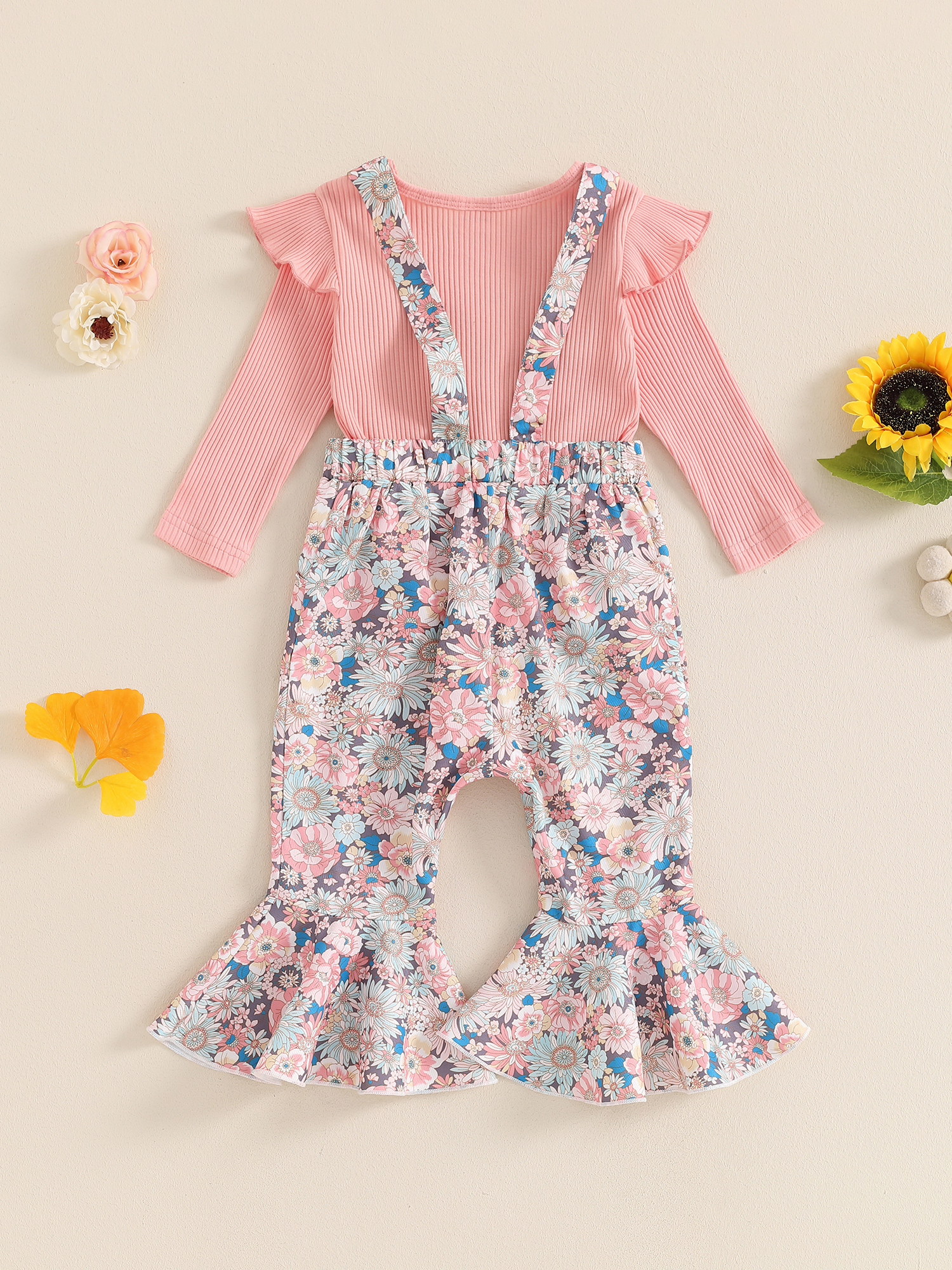 Hirigin Toddler Baby Girl Fall Clothes 1-5 Years Floral Print Overalls Suspender Flare Pants Long Sleeve Ruffle Knit Top 2Pcs Outfits Set