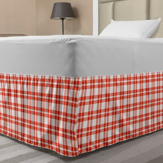 Plaid Bed Skirt, Colored and Checkered Country Picnic Pattern Repeating Squares Stripes Modern, Elastic Bedskirt Dust Ruffle Wrap Around for Bedding Decor, 4 Sizes, Vermilion White, by Ambesonne
