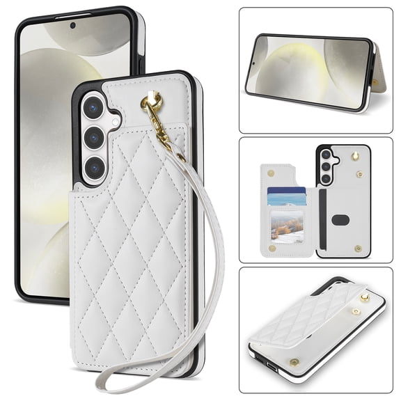 Wallet Cover for Samsung Galaxy S24, with Wrist Strap Card Holder Magnetic Snap Back PU Leather Credit Card Slots Stand Classic Phone Case Cover for Samsung Galaxy S24, White