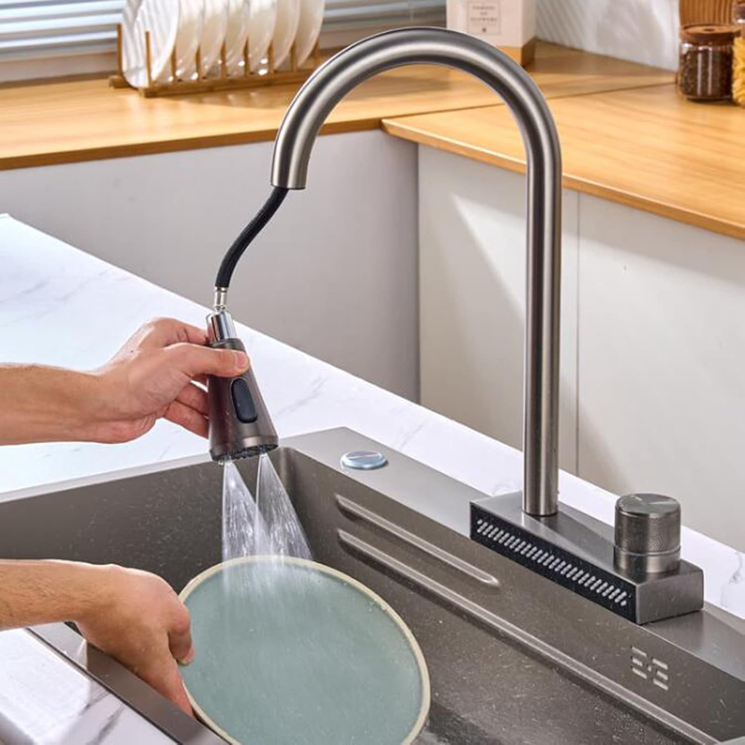 Kitchen Faucets with Pull Out Spray, Kitchen Sink Mixer Faucet Stainless Steel Swivel Hot and Cold Water Shower Mode Multifunction Pull Out Kitchen Mixer Faucet-Grey