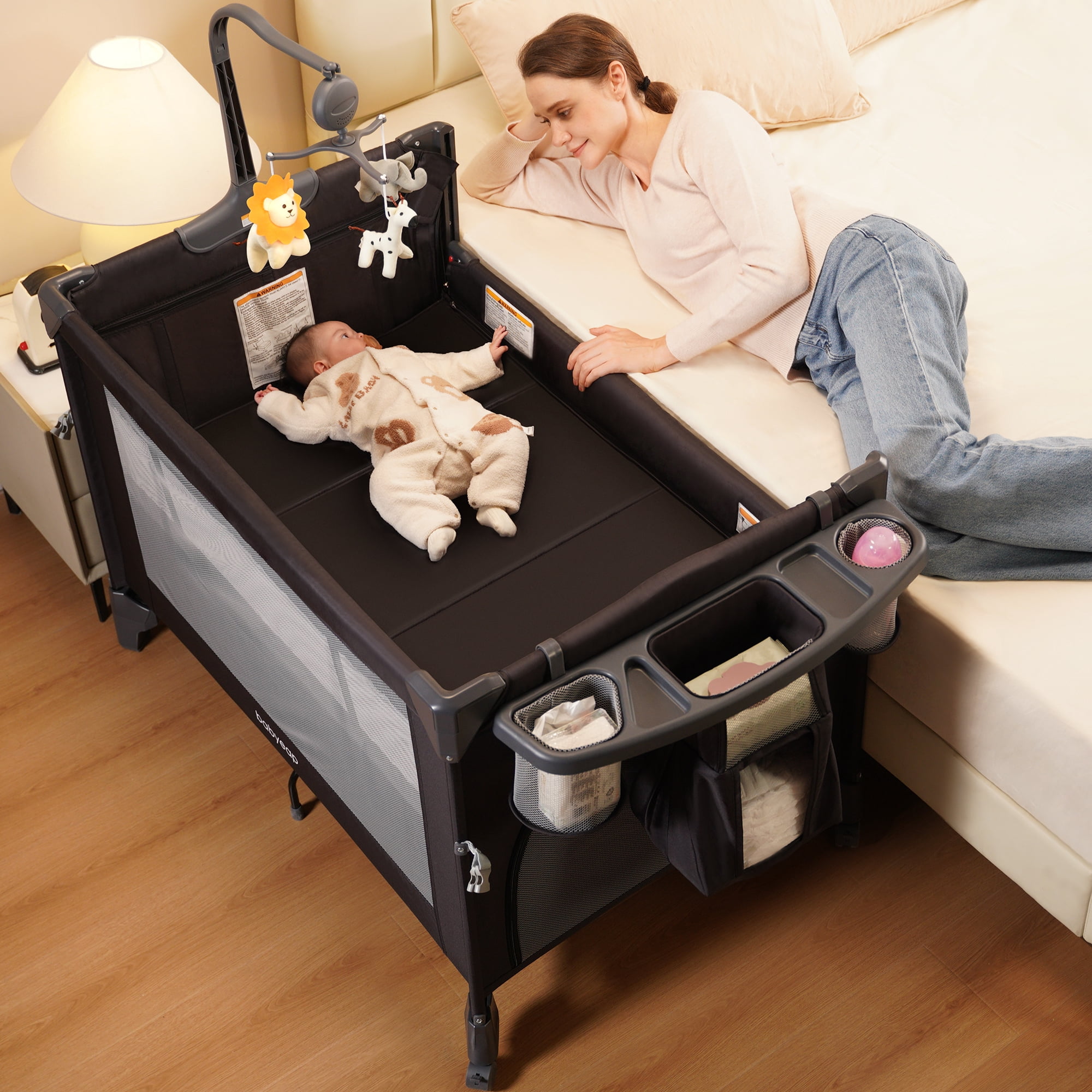Babyeap 4in1 Baby Bassinet with Playard, 1-Step Fold Portable Playpen with Changing Table, Bedside Sleeper for Newborns, Black