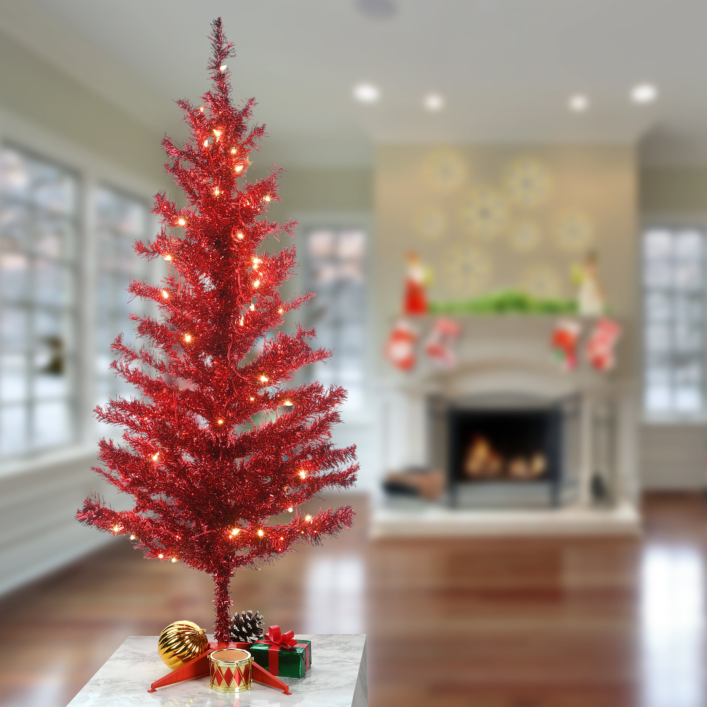 Buy National Tree Company PreLit Artificial Christmas Tree, Red Tinsel