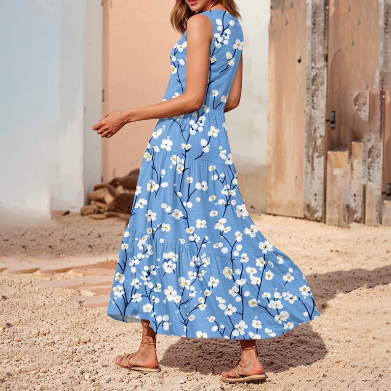 v neck blue boho dress Blue Boho V-Neck Cami Maxi Dress