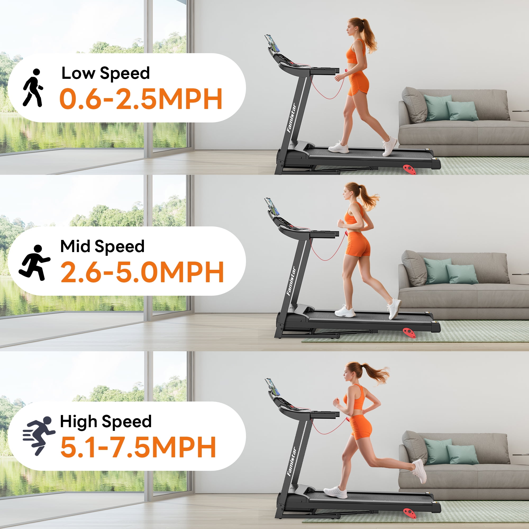 Folding Treadmill 300lbs Capacity, 6% Incline Treadmill with App Control, Electric Treadmill for Home Use, Free Fit Course, 64+3+3+1Programs, Shock Absorption, Home&Office