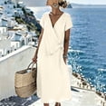 thumbnail image 6 of Women's Solid Color Wrap V Neck Midi Dress Short Sleeve Tie Waist Casual Vacation Dress with Pockets Beige M(M), 6 of 7