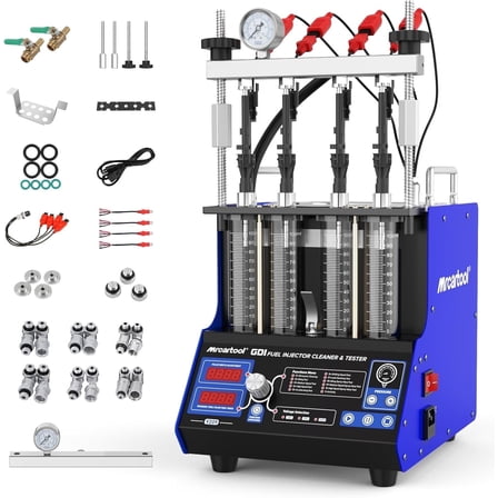 MRCARTOOL V209 GDI Fuel Injector Cleaner Machine, 110V 4-Cylinders Ultrasonic Injector Cleaner Kit with 10 Functions