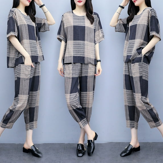 2 Pcs/Set Women Top Pants Set O Neck Round Necks Pullover Short Sleeve Quick Dry Color Matching Grandma Style Elastic Waists Summer Pajamas Set for Daily Wear