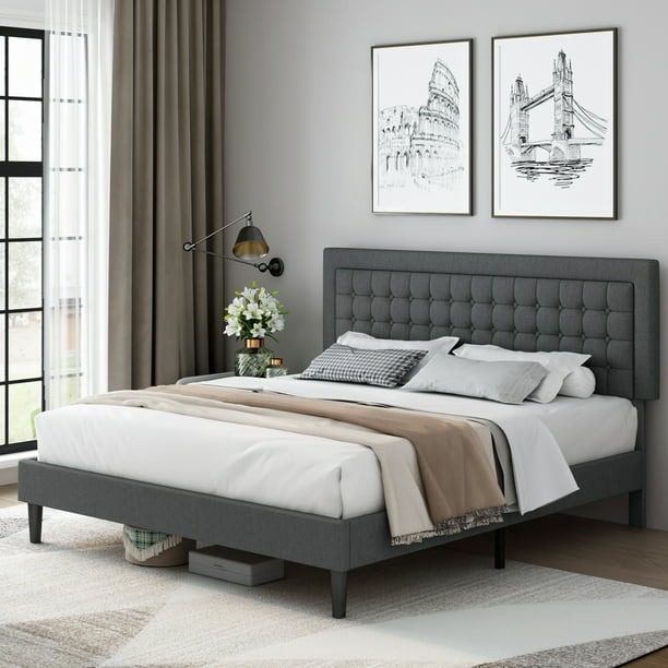 Homfa Queen Bed Frame, Button Tufted Upholstered Platform with Adjustable Headboard, Mattress