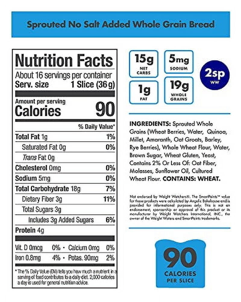Angelic Bakehouse No Added Salt Sprouted Whole Grain Bread 2-Pack (20.5-oz.) - Non-GMO, Vegan and Kosher (2 Loaves), Tan