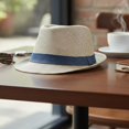 thumbnail image 6 of Byfri Straw Panama Jazz Hat Wide Brim Sun Fedora Hat for Beach Travel Beige + Blue 56-58cm, 6 of 7