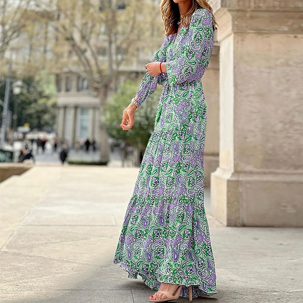 Vestido largo suelto con cuello en V y estampado de manga larga informal a la moda para mujer Pompotops hdfakjf6618 Walmart en linea