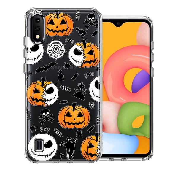 MUNDAZE Samsung Galaxy A01 Halloween Jack-O-Lantern Pumpkin Skull Spooky Design Double Layer Phone Case Cover