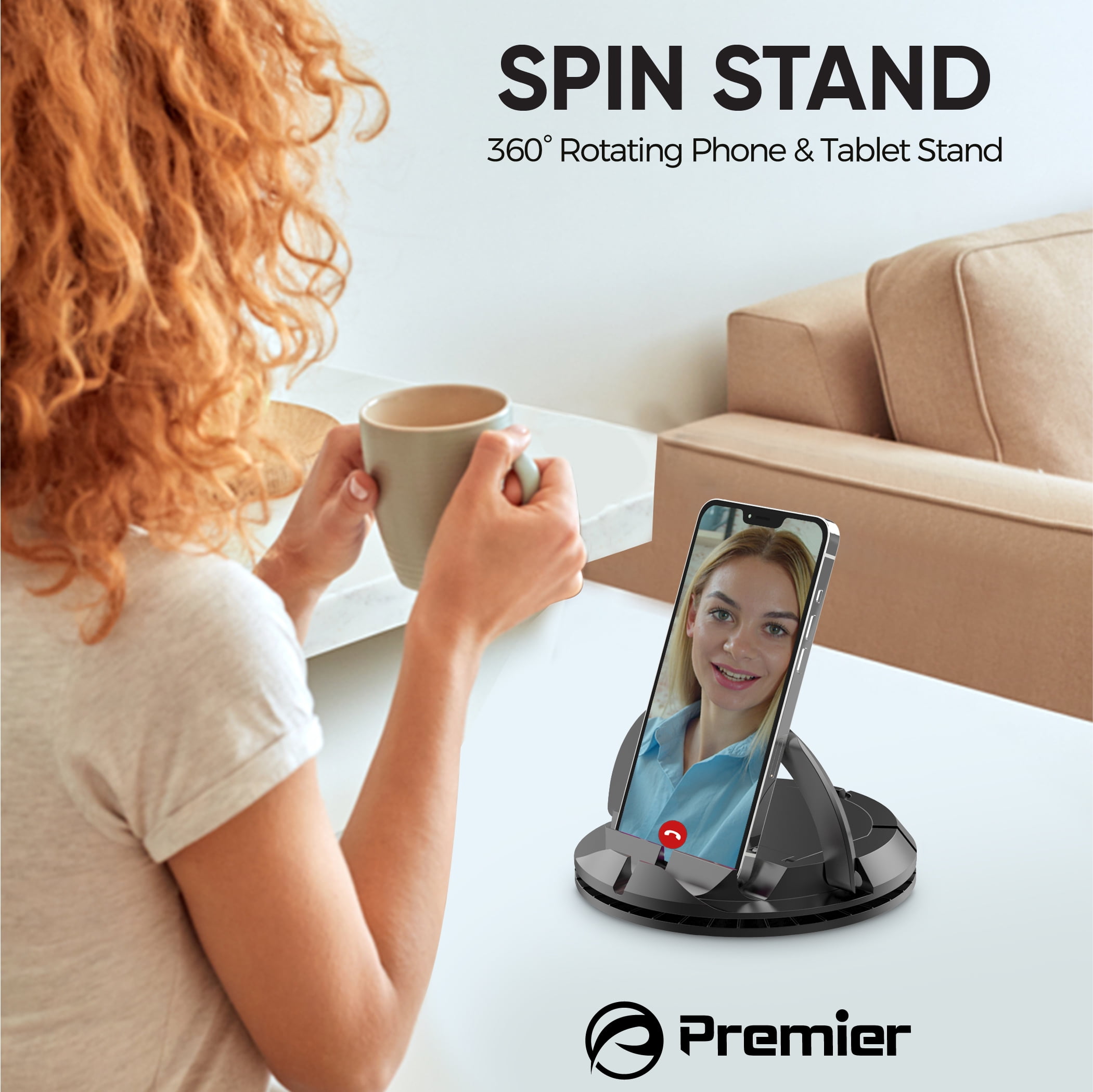 Premier 360° Spin Stand Universal Rotating Phone and Tablet Stand for Home,  Office, Black