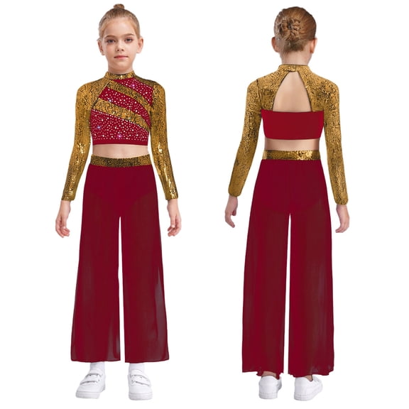 Aislor Girls 2 Piece Dance Outfits Sparkly Sequin Rhinestone Crop Top with Split Sides Flowy Pants Set Burgundy 8