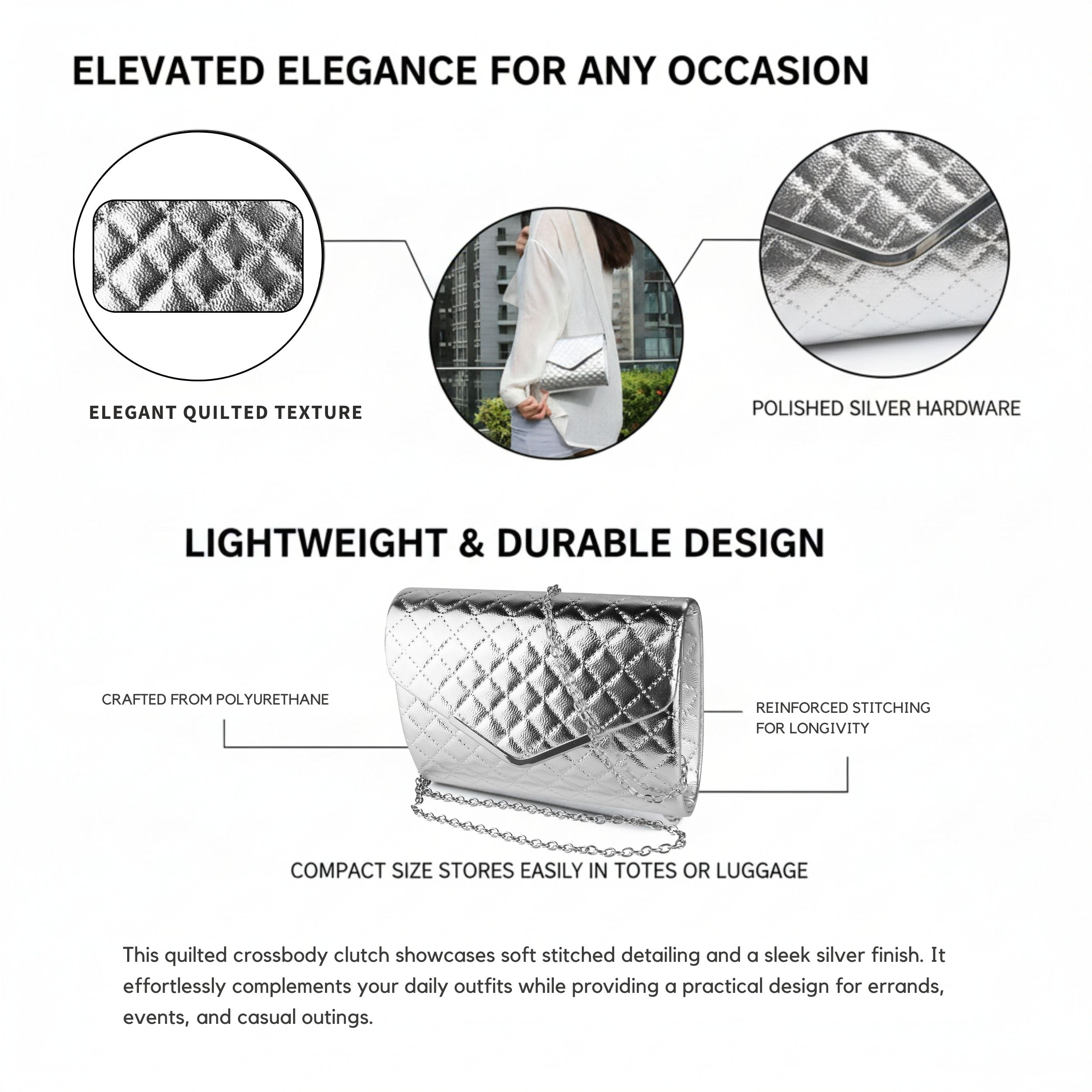 Quilted Texture Clutch Bag with Silver Chain Shoulder Strap for Women Travel Organization