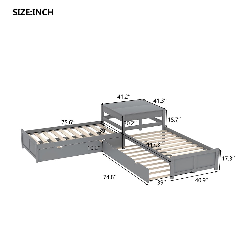 Kadyn L-shaped Platform Bed with Two Trundles and Built-in Square Table,Gray Kadyn L-shaped Platform Bed with Two Trundles and Built-in Square Table,Gray