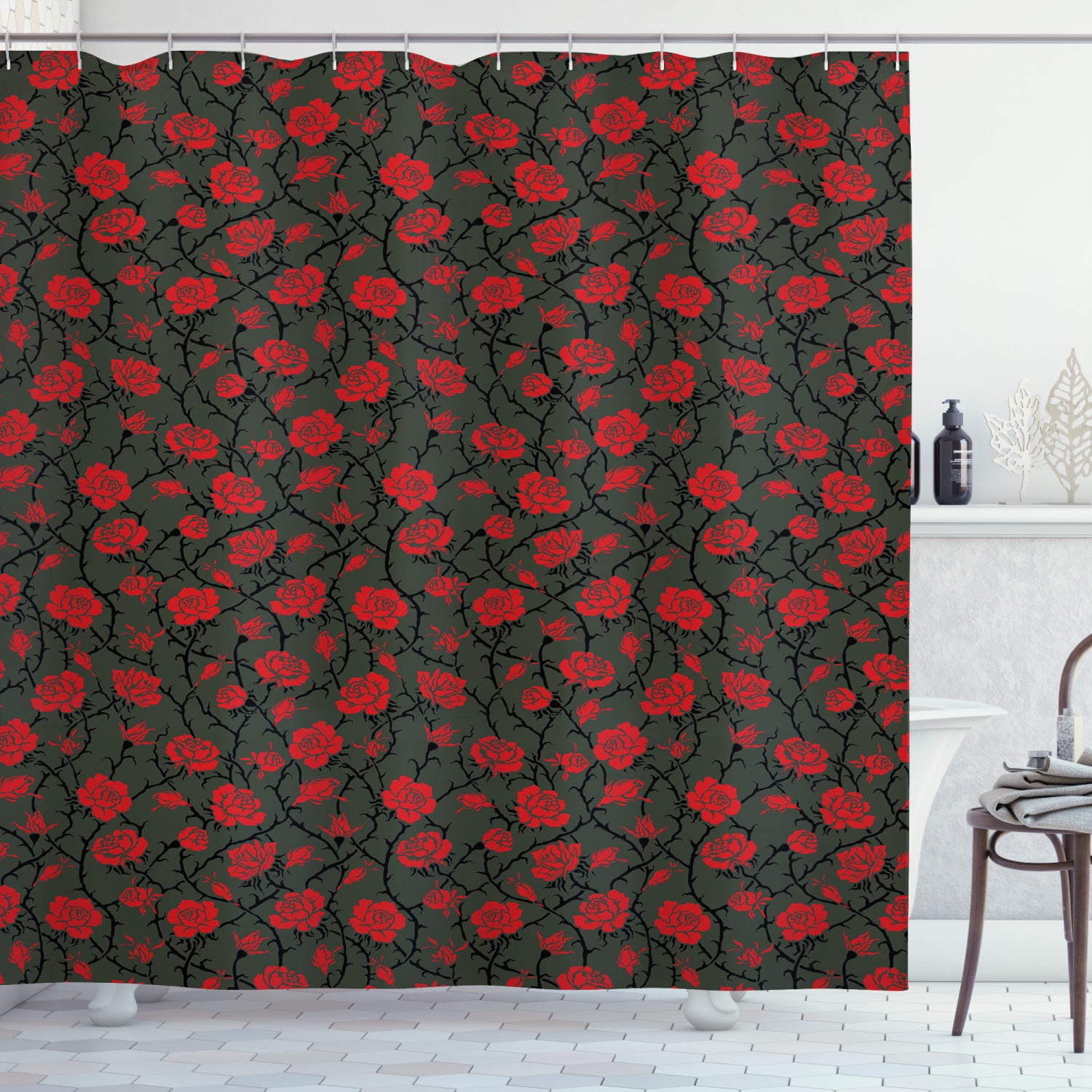 Red and Black Shower Curtain, Rose Swirls Ivy Plants Dark Mysterious