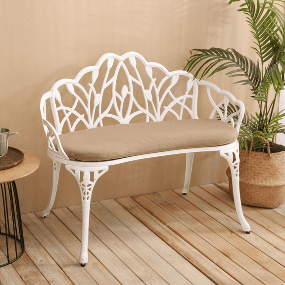 Gzxs Patio Garden Bench with Seat Cushion - Metal Park Bench Cast Aluminum Outdoor Furniture with Floral Tulip Design for Patio,Park,Lawn,Yard (White)
