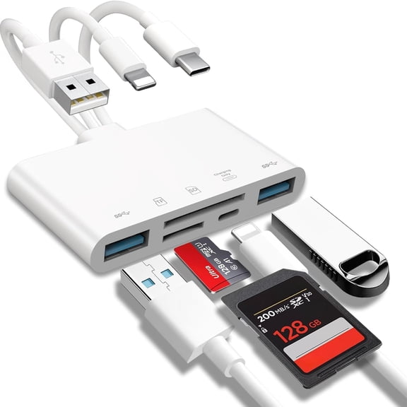 5-in-1 USB OTG SD Card Reader for i-Phone, i-Pad, USB C/A Devices, SD/TF/MMC Compatible