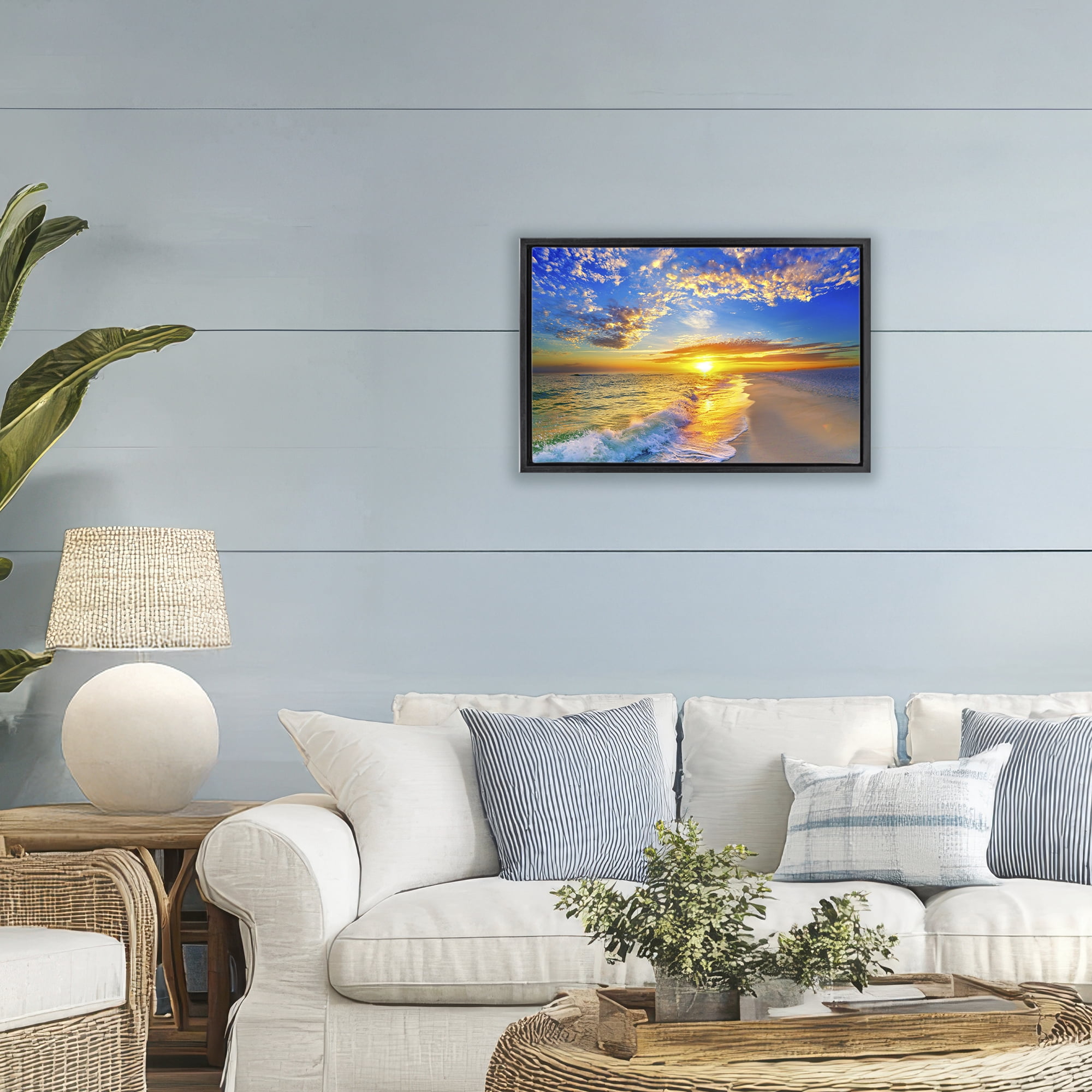 Stupell Industries Golden Sunset Beach Blue Sky Black Framed Floater Canvas Wall Art, design by Eszra Tanner