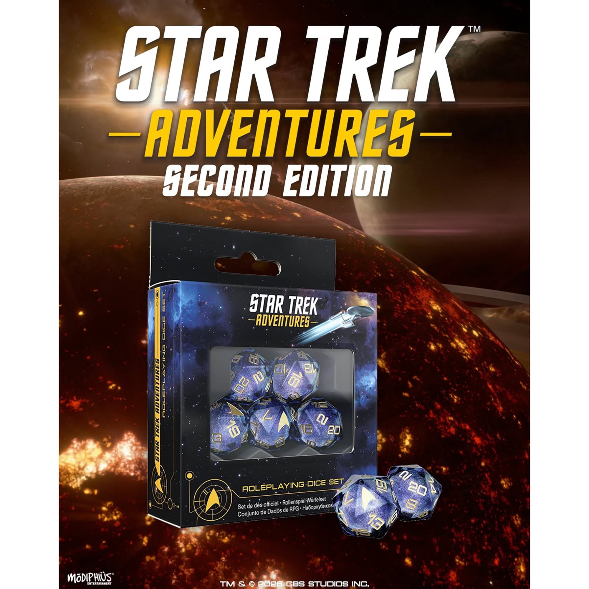 Star Trek Adventures: Second Edition - Roleplaying Dice Set - 5pc d20 RPG Die, Blue Black Starfield Galaxy, Gold Numbers-Icons, Collectible Accessory