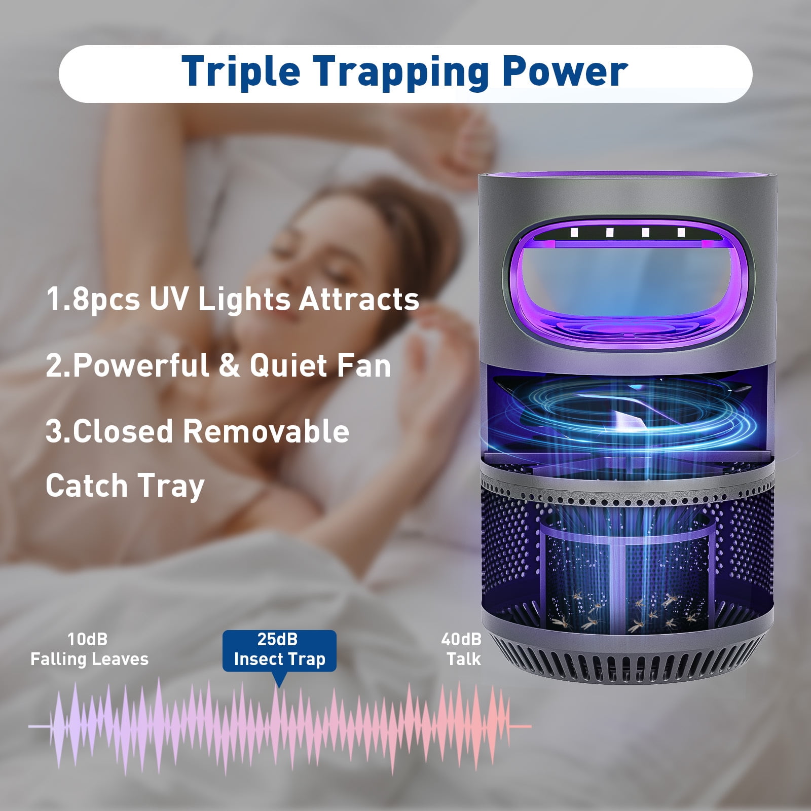 Indoor Insect Trap, 2-Mode Bug Catcher & Killer with Strong Suction, Time Setting, UV Light, Mosquito Bug Zapper for Fruit Flies, Gnats, Moths