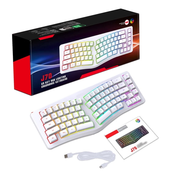 Aestri 69-Key Wired Ergonomic Keyboard with 18 Modes RGB Backlit USB-C Detachable Cable for Computer White