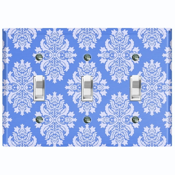 Metal Light Switch Plate Outlet Cover (Victorian Damask Flower Blue Pastel Pattern - Triple Toggle)