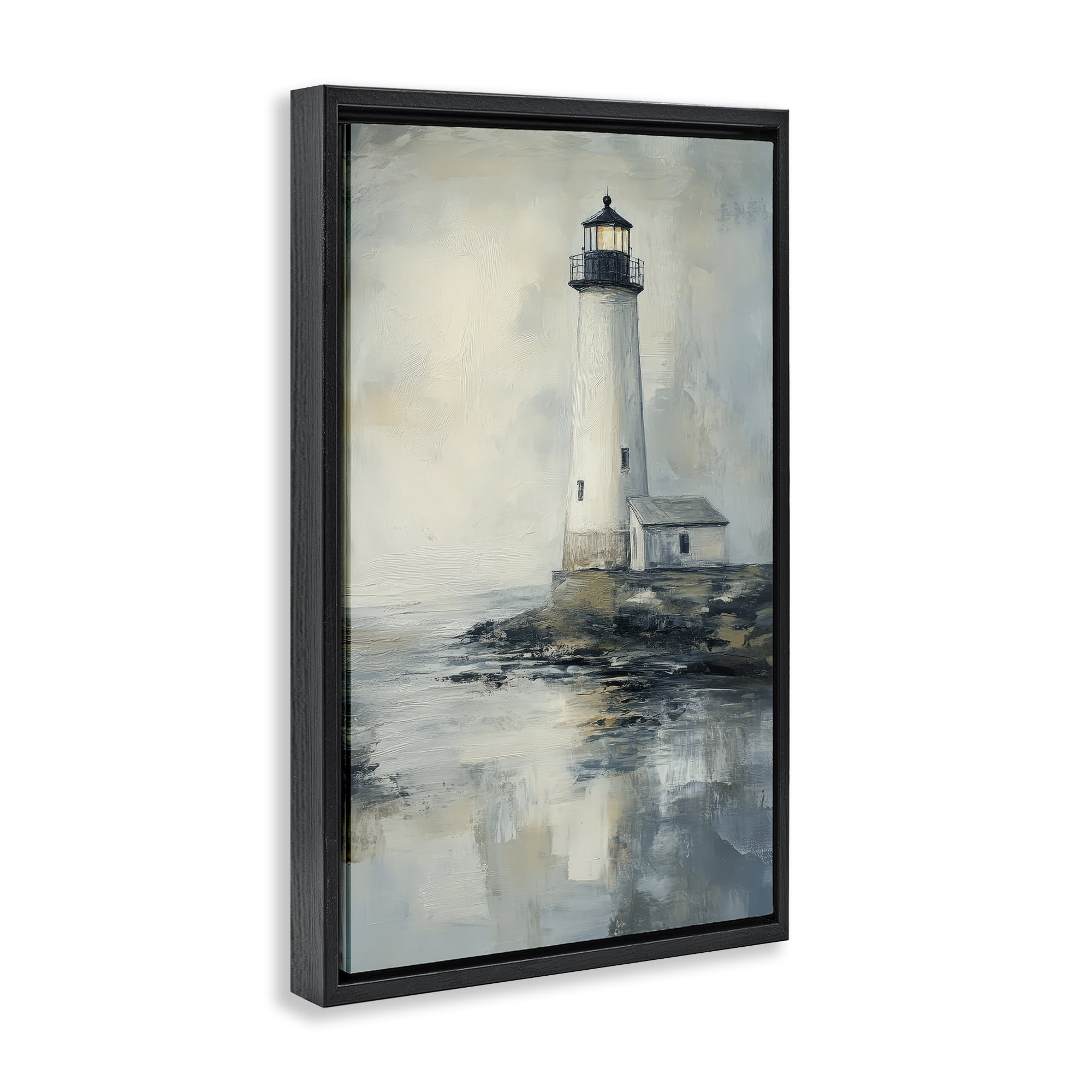 Stupell Industries Moody Lighthouse Reflecting Black Framed Floater Canvas Wall Art, design by Petal Prints Design