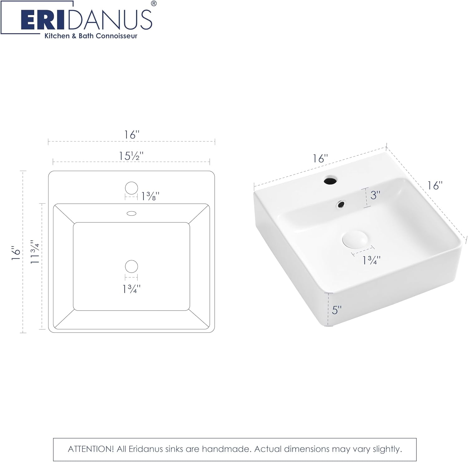 16" x 16" Bathroom Sink Vessel Rectangular, Eridanus Wall Mount Sinks Countertop Floating Basin with Overflow, White Ceramic Trough Wall Hung Space Saving Square Small Cloakroom Tiny Lavatory