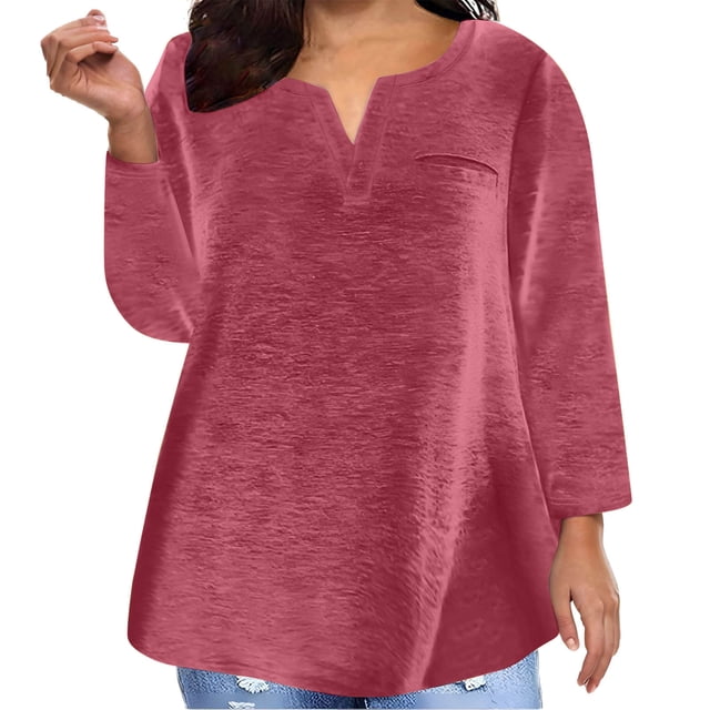 Yuyuzo Plus Size Tops for Women Long Sleeve Notch V Neck Solid Color Shirts Comfy Plain Basic Tees