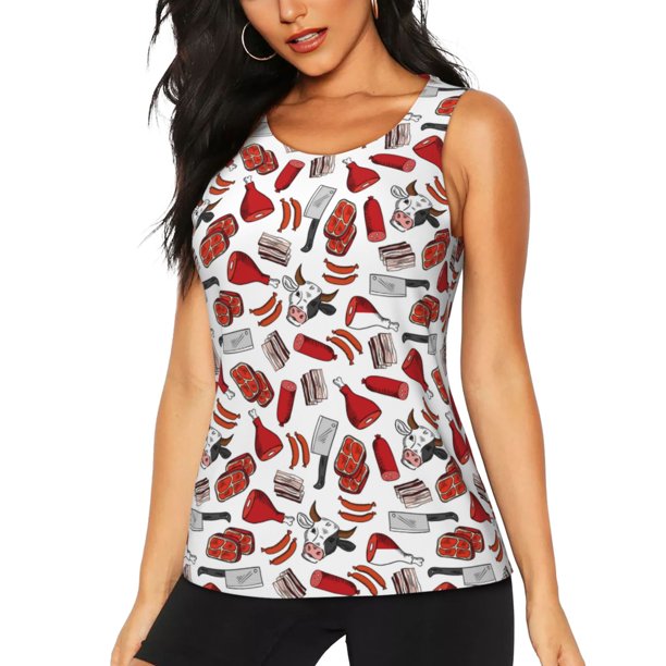 Fotbe Red Food Blusas Sin Mangas para Mujer – Estilo Casual, Corte Suelto, Slim-Fit, Cuello Redondo Deportivo, Tops de Verano para Gimnasio y Yoga-Medium