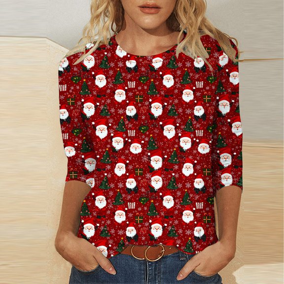 LEKWK Christmas Tree Tshirt Women Xmas Santa Crew Neck 3/4 Sleeve Tops Women Holiday Shirt Holiday Ladies Christmas Shirts 3/4 Sleeve