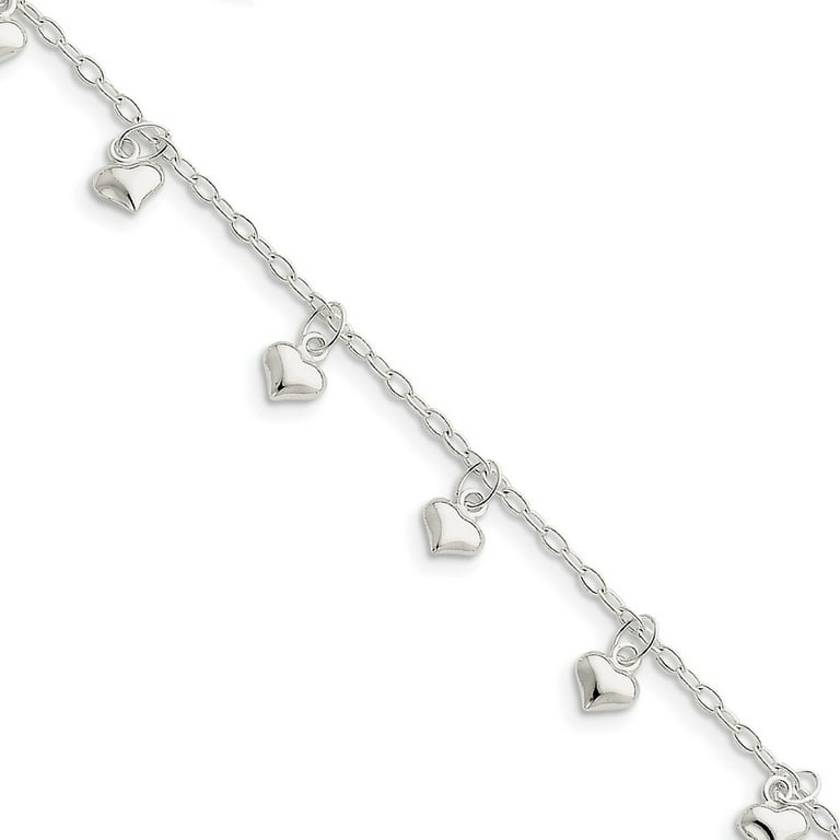 Solid 925 Sterling Silver Polished Puffed Heart Anklet 10